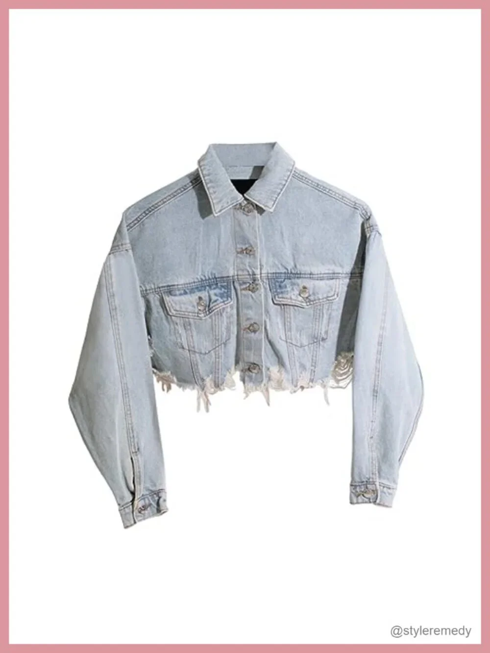 Women's Cropped Denim Jacket Distressed Ripped Frayed Hem Long Sleeve Button Up